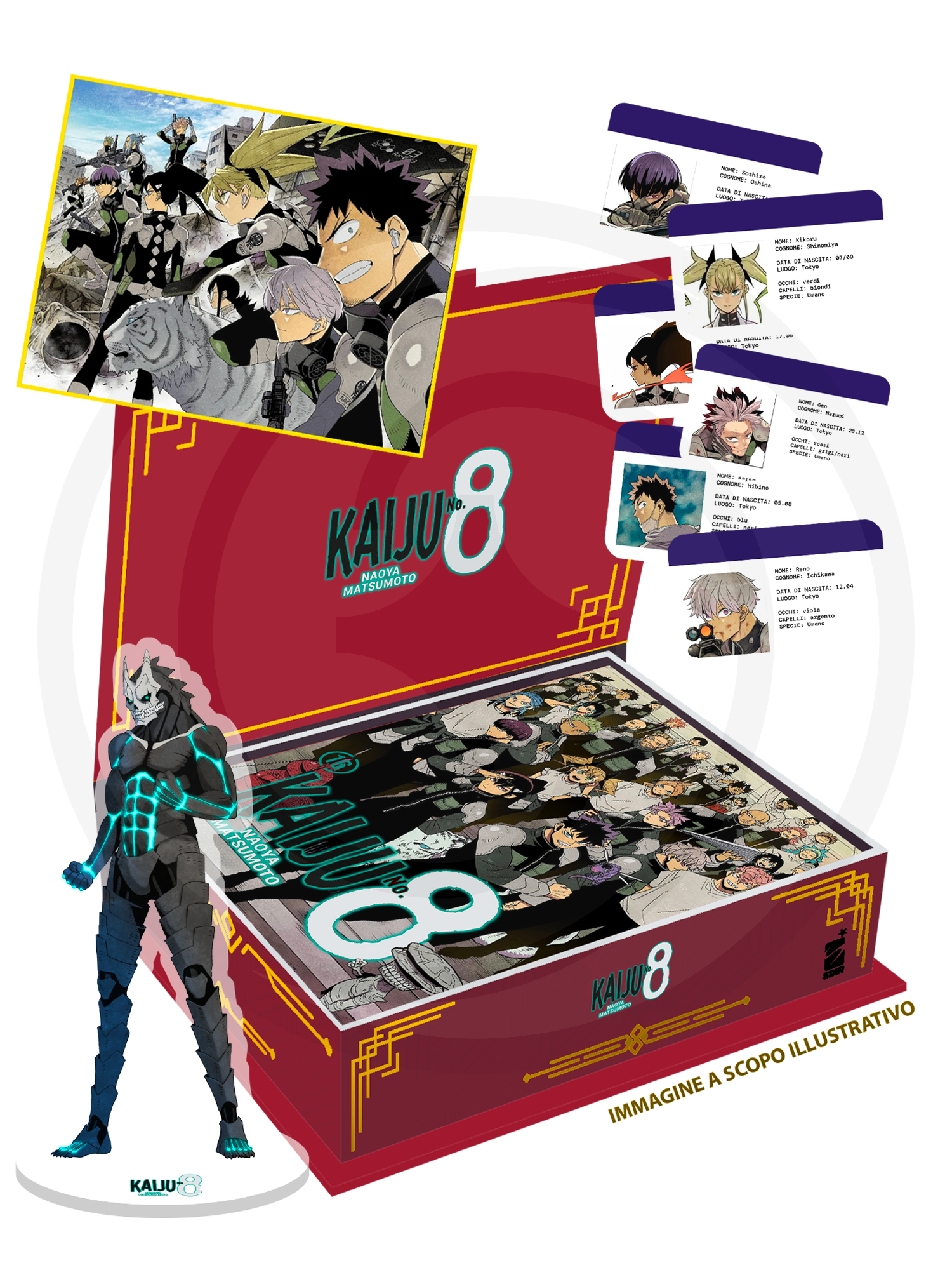 Immagine promozionale della Kaiju No. 8 Celebration Edition; mostra un cofanetto blu aperto con dentro una cartella "Top Secret", circondato da coriandoli e dai gadget inclusi come la Variant Cover, il mini-shikishi, lo standee e le identity card.