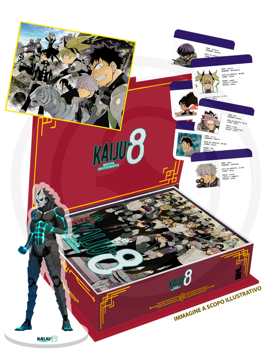 Immagine promozionale della Kaiju No. 8 Celebration Edition; mostra un cofanetto blu aperto con dentro una cartella "Top Secret", circondato da coriandoli e dai gadget inclusi come la Variant Cover, il mini-shikishi, lo standee e le identity card.
