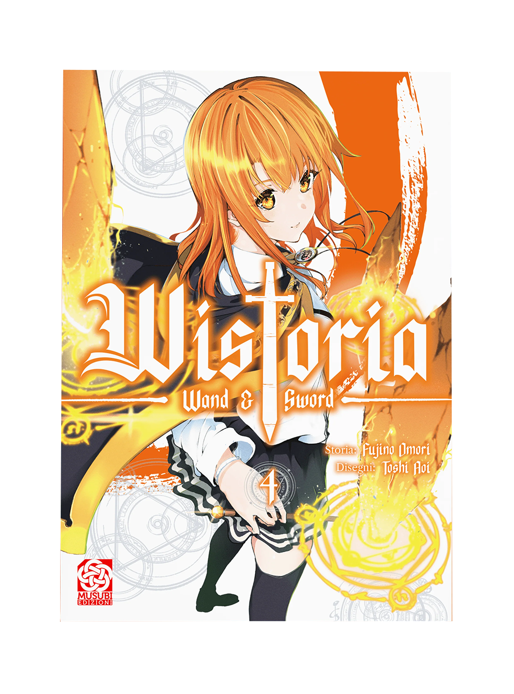 La maga Colette Loire, con i capelli arancioni e lo sguardo determinato, impugna la sua bacchetta magica circondata da cerchi magici dorati sulla copertina di Wistoria: Wand & Sword Vol. 4.