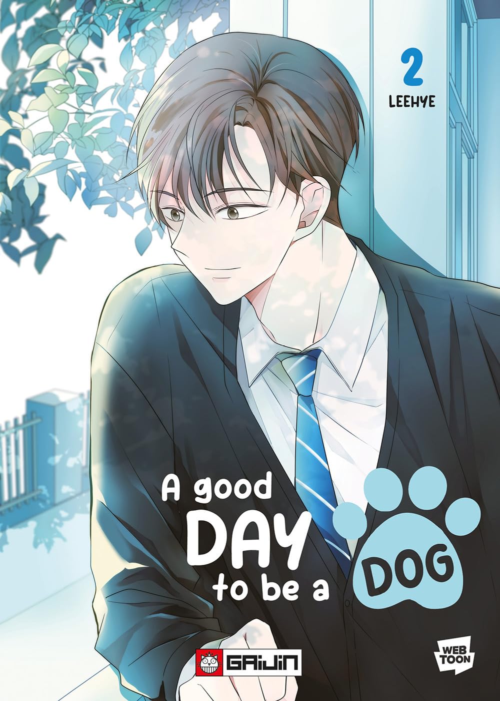 Copertina del fumetto A Good Day To Be a Dog volume 2. Illustrazione del professor Jin Seon, un elegante ragazzo dai capelli castani in giacca scura e cravatta azzurra, illuminato dalla luce del sole.