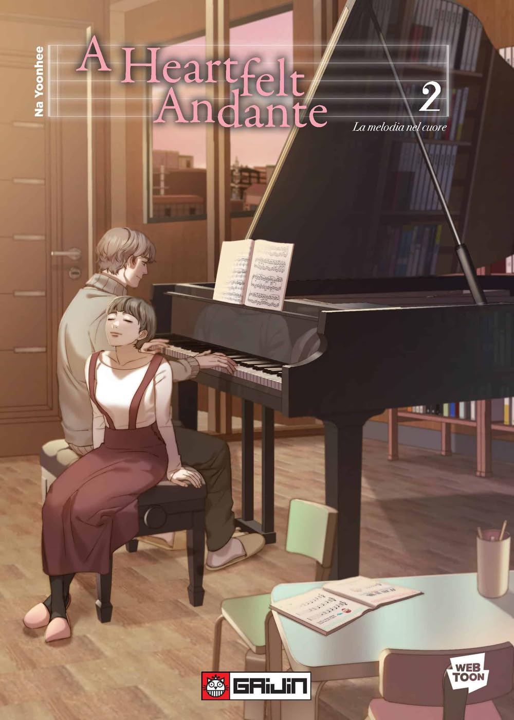 Copertina del secondo volume del manhwa A Heartfelt Andante, raffigurante un ragazzo e una ragazza seduti insieme su uno sgabello davanti a un grande pianoforte a coda, all'interno di una stanza accogliente illuminata dalla luce calda del tramonto.