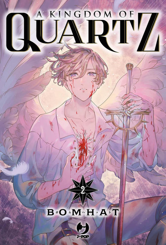 La protagonista Blue, con le sue caratteristiche ali nere spiegate, è ritratta accanto al principe Cassian in uniforme, in un'atmosfera eterea e luminosa sulla copertina di A Kingdom of Quartz Vol. 2.