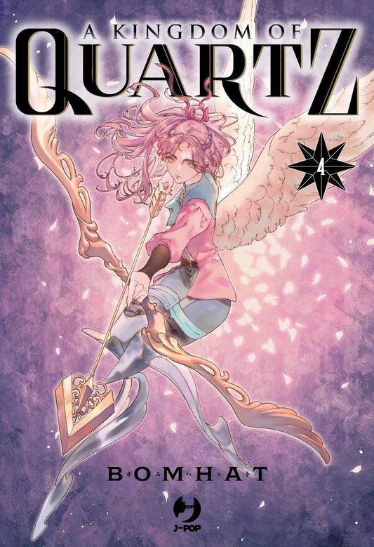 Copertina del manga A Kingdom of Quartz Vol. 4 edito da J-POP. Un'illustrazione eterea e sognante mostra la protagonista Blue, una fanciulla alata con lunghi e mossi capelli rosa, che fluttua elegantemente nel cielo. Indossa una camicetta rosa, pantaloni azzurri e stivali scuri, e impugna agilmente un grande e decorato arco dorato incoccando una freccia luminosa. Lo sfondo è un cielo dai toni pastello rosa e viola, attraversato da delicati petali bianchi che cadono.