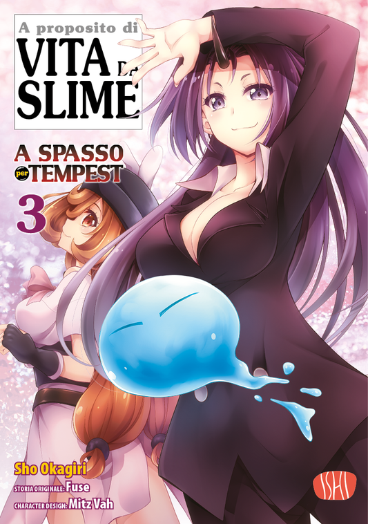 Copertina del manga A proposito di Vita da Slime - A Spasso per Tempest volume 3. In primo piano la prosperosa e affascinante Shion, vestita in un elegante completo scuro e con il suo caratteristico corno sulla fronte, sorride sicura di sé. Accanto a lei Limur in forma di slime azzurro e, sullo sfondo, la vivace ragazza-coniglio Framea.