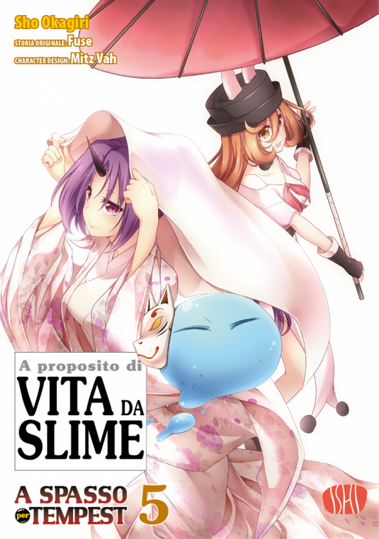 Copertina variant del manga A proposito di Vita da Slime - A Spasso per Tempest volume 5. Illustrazione in stile festival giapponese: in primo piano Limur in forma di slime azzurro con una maschera da volpe sul fianco, dietro di lui Shion sorridente in kimono sotto un telo bianco e la ragazza-coniglio Framea che regge un ombrello rosso parasole.