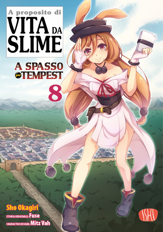 Copertina variant del manga A proposito di Vita da Slime - A Spasso per Tempest volume 8. L'illustrazione mostra la ragazza-coniglio Framea in formato gigante che sovrasta dall'alto il paesaggio e gli edifici della città di Tempest. La ragazza indossa un abitino bianco, stivaletti, guanti e un cappellino nero, mentre tiene in mano un blocchetto di appunti.