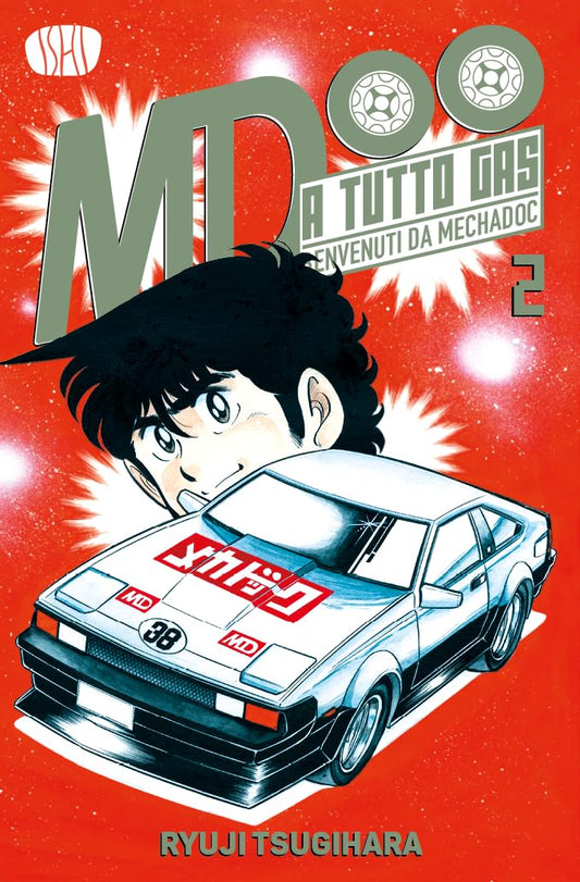 Copertina del manga A Tutto Gas - Benvenuti da Mechadoc volume 2. Su uno sfondo rosso acceso con flash bianchi, spicca il volto del protagonista Jun Kazami e una sportiva bianca modificata con adesivi "Mechadoc" e il numero 38.