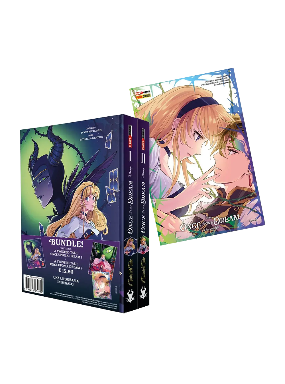 Cofanetto bundle del manga A Twisted Tale: Once Upon a Dream edito da Panini Planet Manga. L'immagine mostra il cofanetto esterno con un'illustrazione dai toni oscuri della perfida Malefica e della principessa Aurora. Accanto, è visibile la copertina di uno dei volumi con Aurora e il Principe Filippo in un momento romantico circondati da rovi. In basso a sinistra spicca la scritta "Bundle!" e "Una litografia in regalo!".
