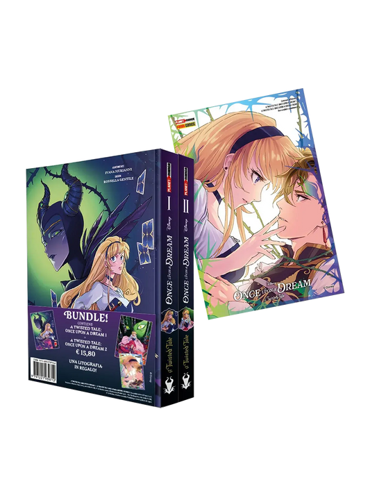 Cofanetto bundle del manga A Twisted Tale: Once Upon a Dream edito da Panini Planet Manga. L'immagine mostra il cofanetto esterno con un'illustrazione dai toni oscuri della perfida Malefica e della principessa Aurora. Accanto, è visibile la copertina di uno dei volumi con Aurora e il Principe Filippo in un momento romantico circondati da rovi. In basso a sinistra spicca la scritta "Bundle!" e "Una litografia in regalo!".