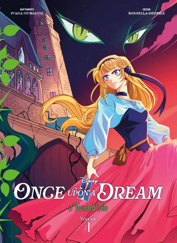 Copertina Variant del manga Disney A Twisted Tale: Once Upon a Dream Vol. 1; la principessa Aurora, ritratta con un'espressione decisa e combattiva, indossa il suo abito blu e rosa con una piccola borsa alla cintura. Sullo sfondo si erge un castello circondato da rovi spinosi, mentre nel cielo notturno rossastro due inquietanti occhi verdi dal taglio felino brillano nell'oscurità.