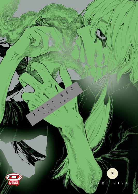 Copertina di After God 9. Illustrazione stilizzata nei toni del verde acido e del nero che mostra un personaggio di profilo con lacrime nere che rigano il volto.