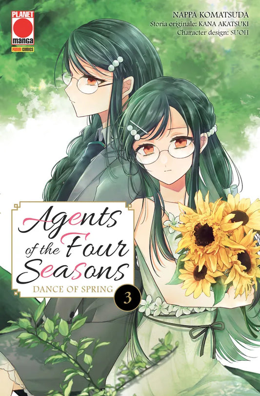 Copertina di Agents of the Four Seasons 3. Illustrazione di due ragazze con lunghi capelli verdi e occhiali, una con abito elegante e l'altra con girasoli.