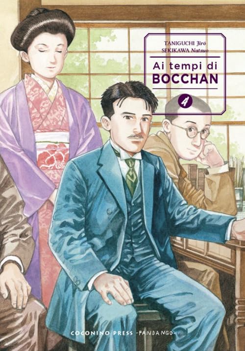 Copertina di Ai Tempi di Bocchan Vol. 4 (Coconino Press). Illustrazione ad acquerello con un gruppo di personaggi dell'epoca Meiji in una stanza tradizionale: due uomini in abito occidentale e una donna in kimono.