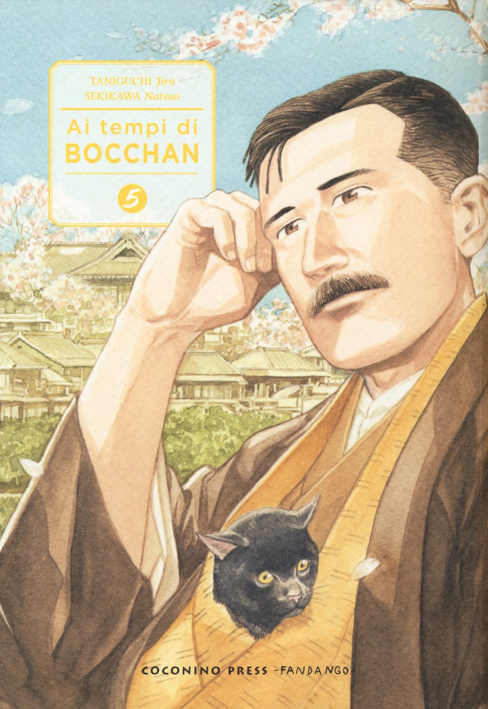Copertina di Ai Tempi di Bocchan Vol. 5 (Coconino Press). Illustrazione ad acquerello dello scrittore Natsume Sōseki pensieroso, con un simpatico gattino nero affacciato dal suo kimono marrone.