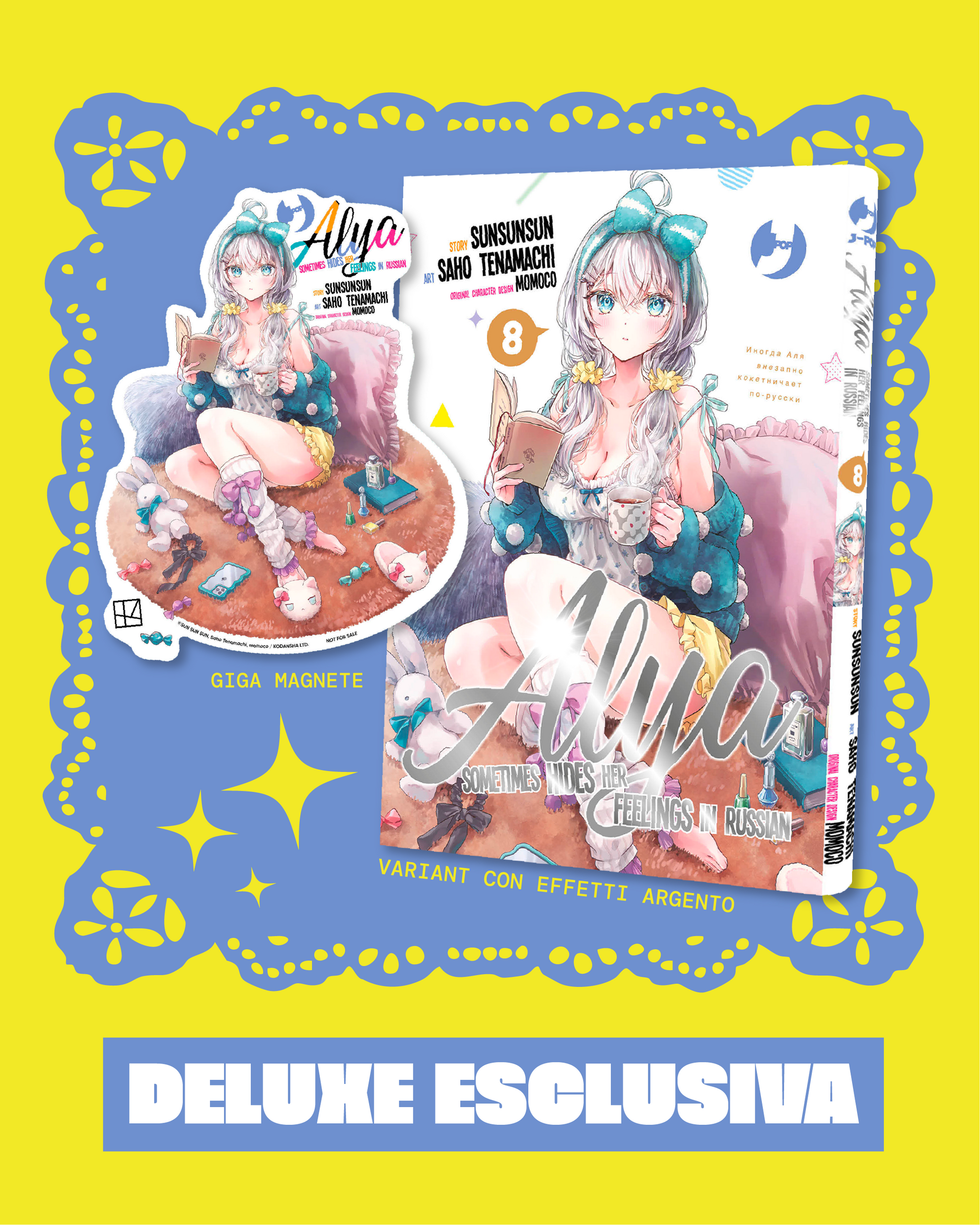 Bundle Deluxe Mangaverse di Alya 8 con giga magnete e manga in copertina variant argentata.