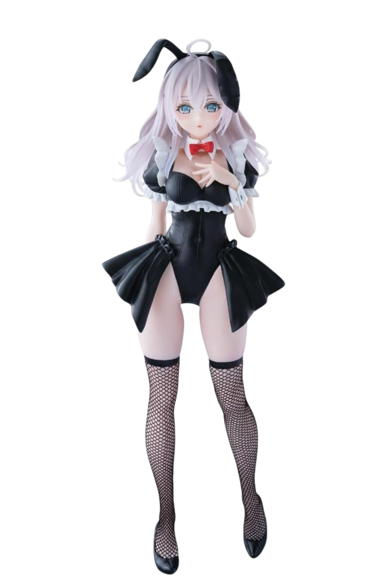 Figure da collezione di Alya (Alisa Mikhailovna Kujou) in versione bunny girl nera con dettagli da maid, calze a rete e capelli argentei.