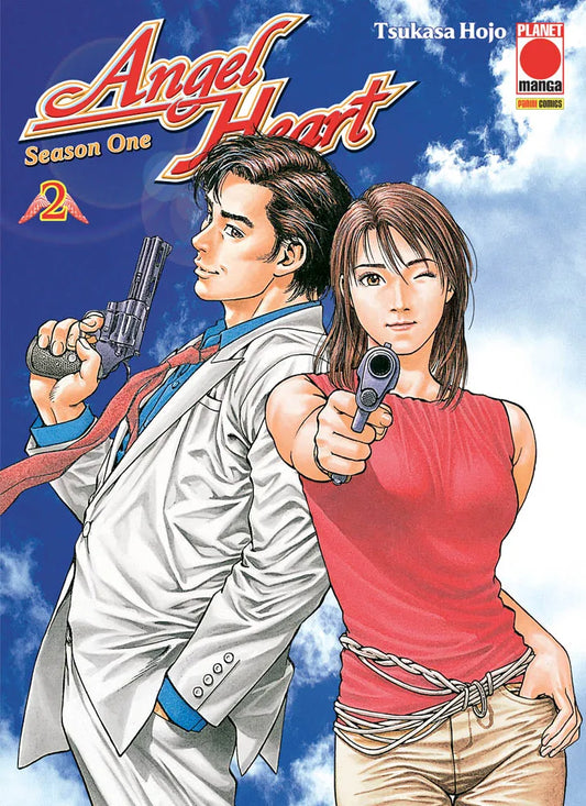 Copertina del secondo volume del manga 'Angel Heart Season One' di Tsukasa Hojo, edito da Panini Planet Manga su sfondo di cielo azzurro con nuvole bianche. L'illustrazione ritrae Ryo Saeba in giacca e pantalone bianchi mentre impugna una pistola di profilo, affiancato da Shan In vestita con maglia rossa e pantaloni chiari che punta con decisione la sua pistola verso lo spettatore, con il titolo 'Angel Heart Season One 2' in alto e il logo Planet Manga in alto a destra.   