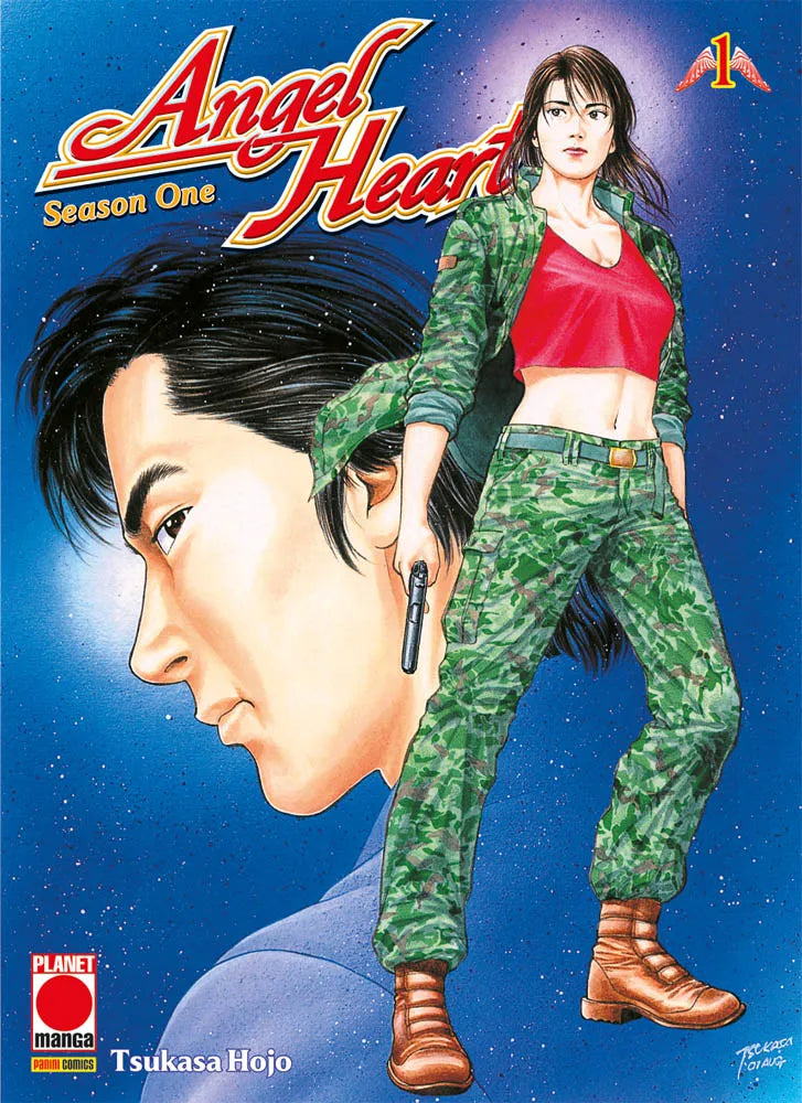 Copertina del primo volume in italiano del manga 'Angel Heart Season One' di Tsukasa Hojo, edito da Panini Planet Manga. L'illustrazione mostra in primo piano la giovane Shan-In (Glass Heart) in tenuta mimetica e top rosso con una pistola in mano, sovrapposta al profilo di Ryo Saeba su uno sfondo blu stellato