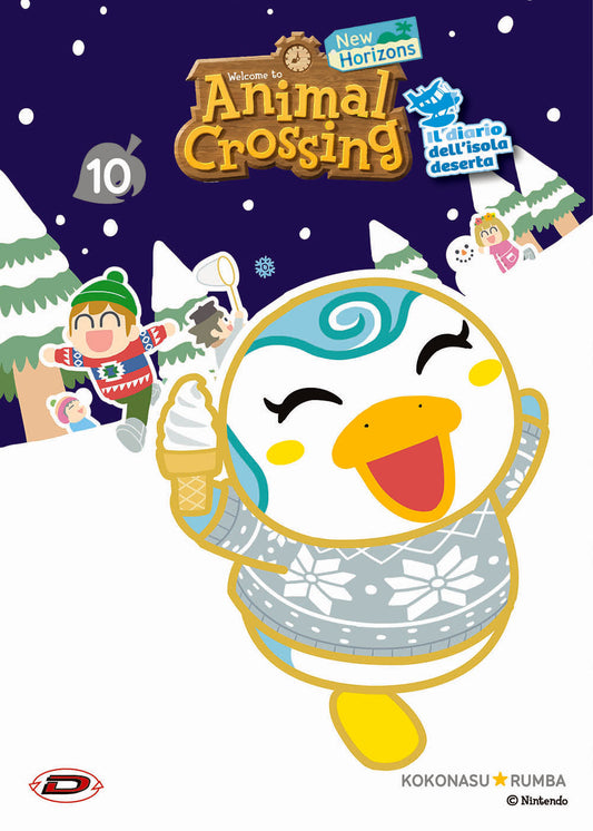 Copertina del manga Animal Crossing: New Horizons - Il diario dell'isola deserta volume 10. Su uno sfondo notturno blu con neve e pini, spicca in primo piano un simpatico pinguino bianco e azzurro con un maglione invernale, colto mentre sorride e tiene in mano un cono gelato. In alto campeggia il logo ufficiale del gioco e il numero 10 racchiuso in una foglia grigia.