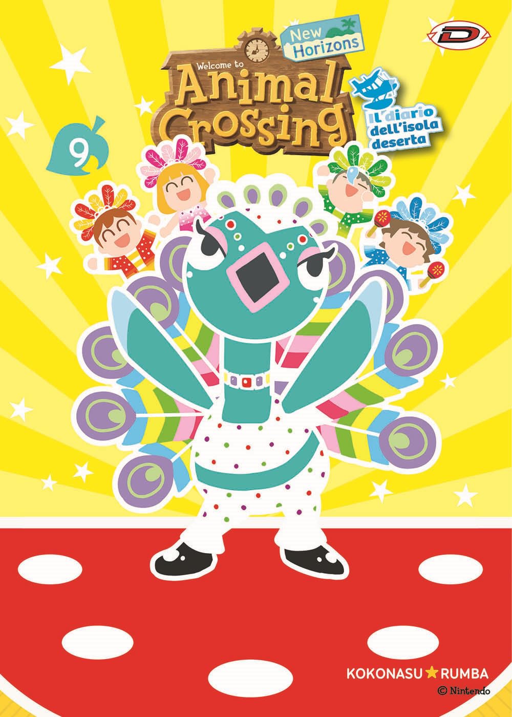 Il pavone Pavão domina la copertina di Animal Crossing Vol. 9 con le sue piume colorate aperte, circondato da quattro abitanti dell'isola che ballano felici con costumi da carnevale su sfondo giallo.