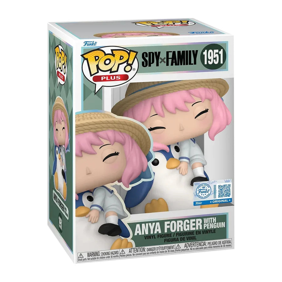 Funko Pop! Plus numero 1951 di Anya Forger da Spy x Family; la figure mostra Anya con un cappello di paglia e vestito alla marinara che cavalca un grande pinguino di peluche blu e bianco.