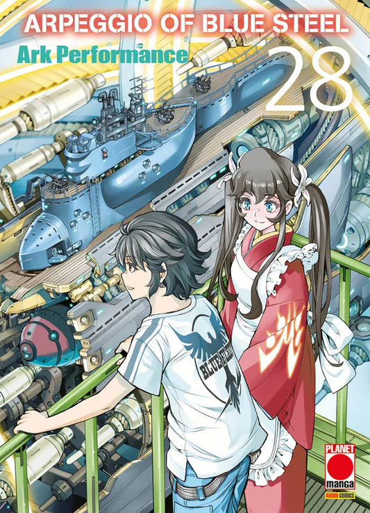 Copertina del ventottesimo volume in italiano del manga 'Arpeggio Of Blue Steel' di Ark Performance, edito da Planet Manga. L'illustrazione mostra in primo piano un ragazzo con maglietta bianca recante il logo 'Blue Fleet' e una ragazza con coda di cavallo, kimono rosso e grembiule, affacciati da una balaustra all'interno di un hangar navale futuristico di fronte a una maestosa imbarcazione blu.