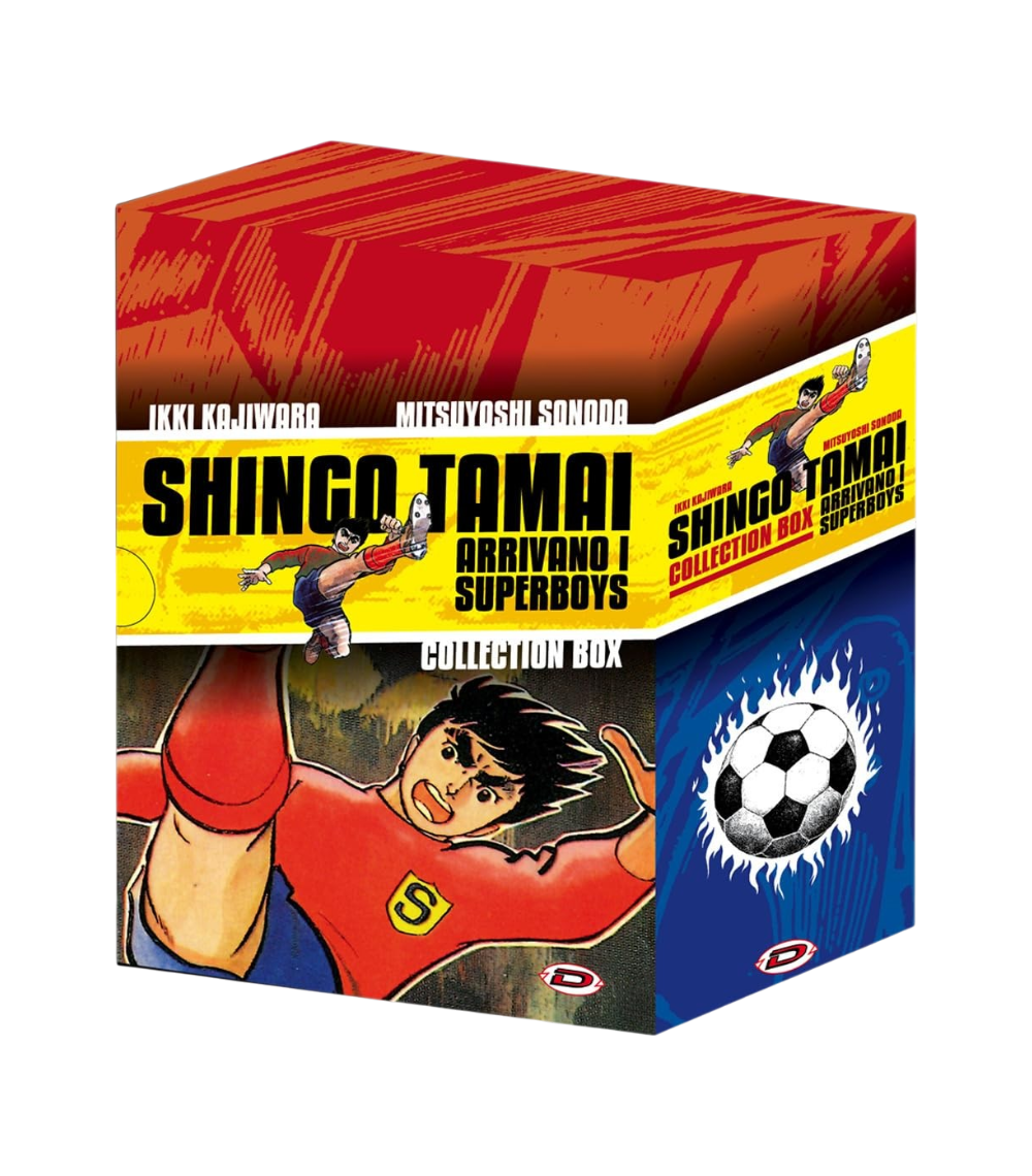 Cofanetto cartonato da collezione in prospettiva tridimensionale della serie manga Shingo Tamai - Arrivano i Superboys, caratterizzato da grafiche accese nei toni del rosso, giallo e blu, che mostra sul lato frontale il protagonista in divisa rossa mentre compie una spettacolare rovesciata e sul lato una palla da calcio avvolta da fiamme bianche e azzurre.