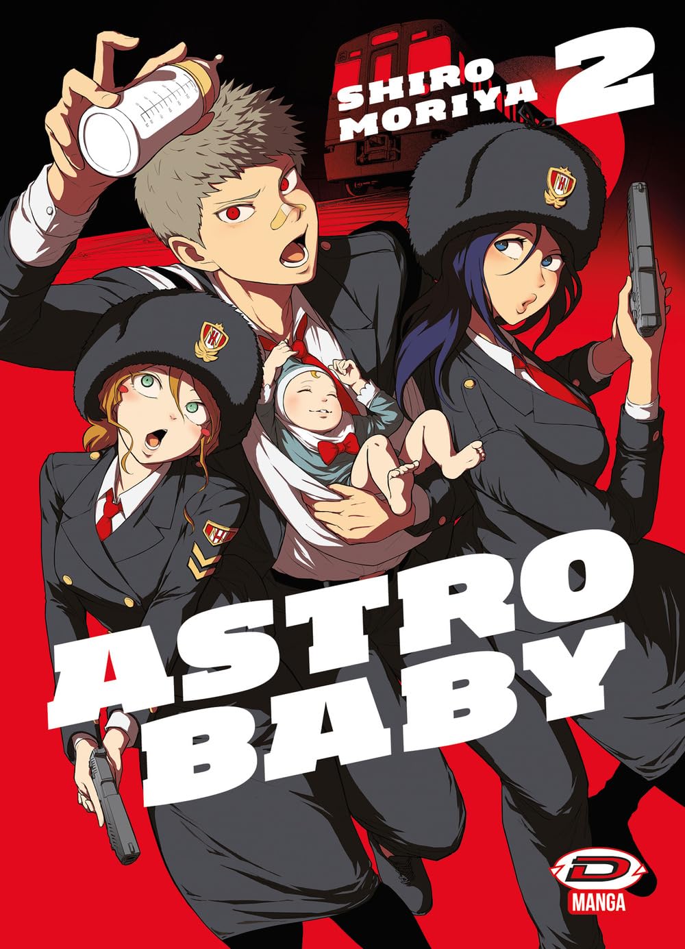 Copertina del manga Astro Baby Volume 2 edito da Dynit; su sfondo rosso intenso, l'illustrazione mostra il protagonista Billy con un biberon in mano che regge il piccolo Abby, affiancato da due donne in divisa militare armate di pistole.