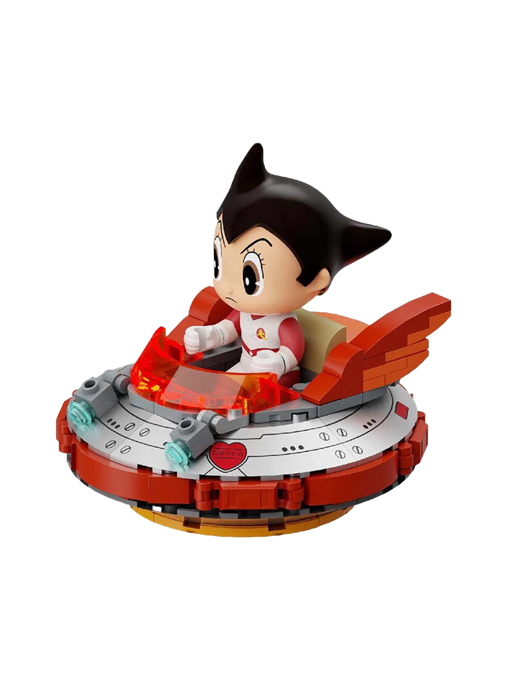 Set di costruzioni Pantasy che raffigura Astro Boy alla guida di un piccolo UFO rosso e argento con cupolino arancione trasparente.