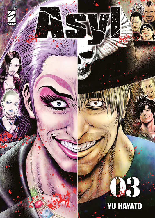 Copertina Asyl 3. Volto diviso a metà dal sorriso folle e schizzi di sangue: a sinistra donna truccata, a destra uomo biondo.