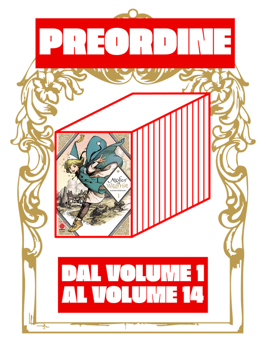 Grafica promozionale di preordine per la serie completa del manga 'Atelier of Witch Hat' dal volume 1 al volume 14, caratterizzata da uno sfondo nero con cornici dorate in stile barocco, scritte bianche su cartelli rossi con le diciture 'Preordine' e 'Dal volume 1 al volume 14' e la rappresentazione tridimensionale di un cofanetto contenente i fumetti.