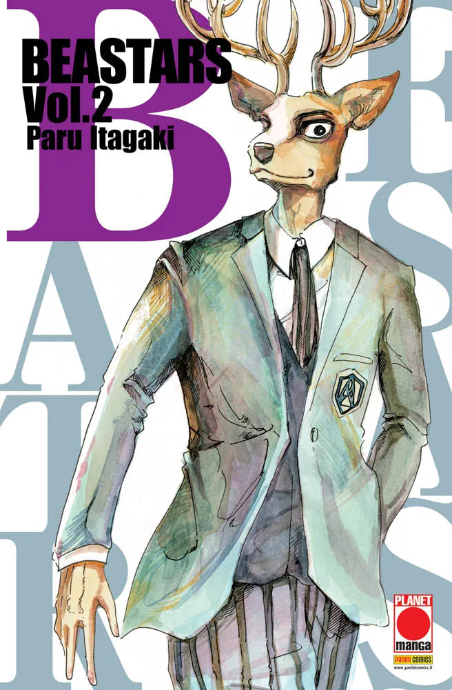 Copertina del manga Beastars volume 2. In primo piano il cervo rosso Louis, vestito con un'elegante divisa scolastica con giacca verde chiaro e cravatta. Sullo sfondo lettere del titolo in grande formato.