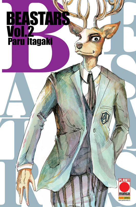 Copertina del manga Beastars volume 2. In primo piano il cervo rosso Louis, vestito con un'elegante divisa scolastica con giacca verde chiaro e cravatta. Sullo sfondo lettere del titolo in grande formato.