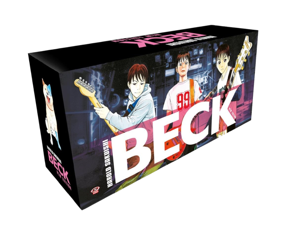 Cofanetto cartonato da collezione nero in prospettiva tridimensionale della serie manga Beck New Edition, che mostra sul lato lungo tre giovani componenti della band con le loro chitarre elettriche sotto la scritta bianca gigante BECK, e sul lato corto l'illustrazione del cane Beck.