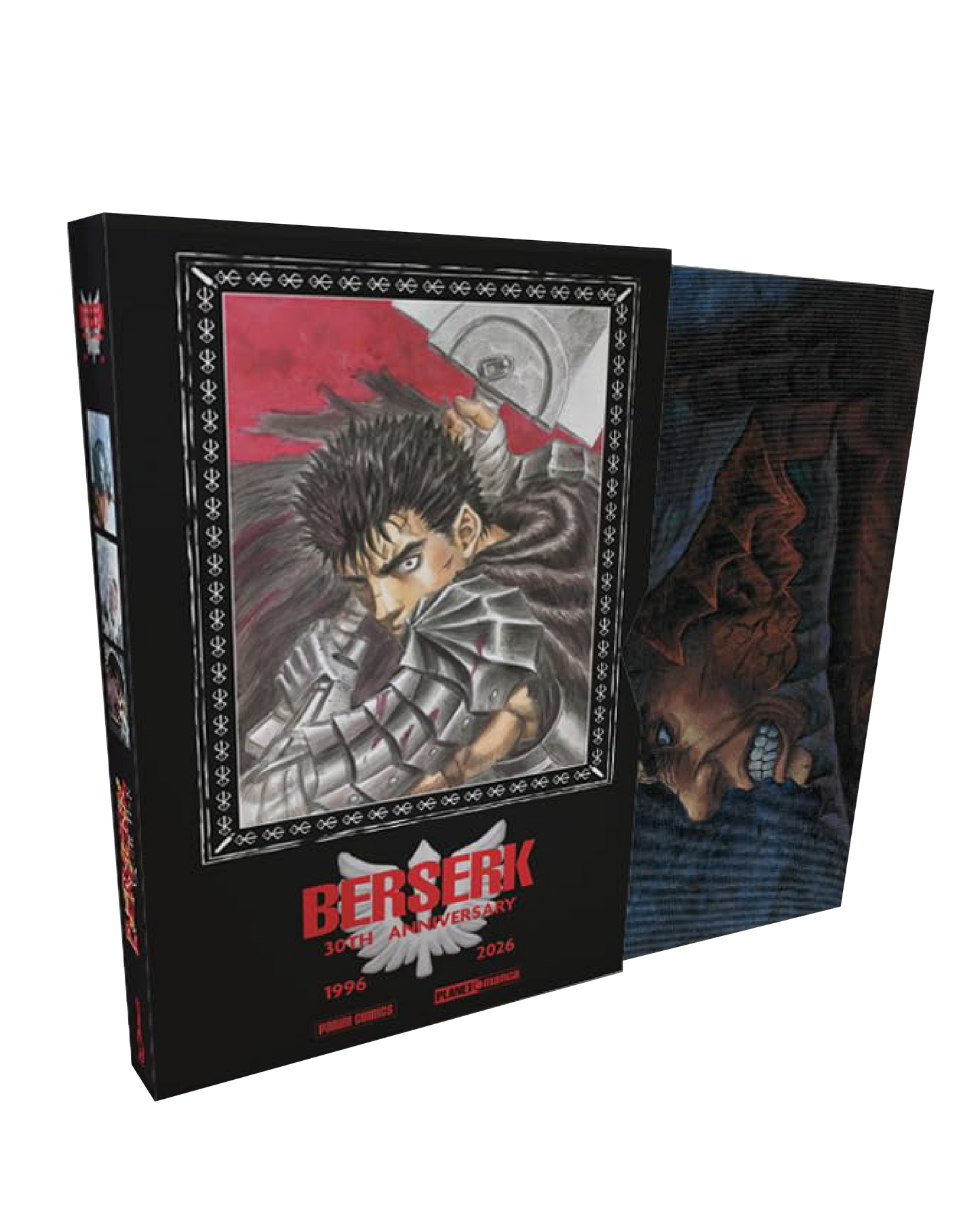 Cofanetto da collezione in italiano 'Berserk 30th Anniversary' di Kentaro Miura e Gabriele Dell'Otto, edito da Panini Planet Manga. Il box nero commemora il trentennale 1996-2026 e mostra sul fronte un'illustrazione d'autore all'interno di una cornice decorata raffigurante Gatsu con l'armatura e la sua grande spada Ammazzadraghi.