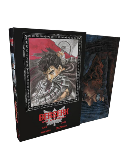 Cofanetto da collezione in italiano 'Berserk 30th Anniversary' di Kentaro Miura e Gabriele Dell'Otto, edito da Panini Planet Manga. Il box nero commemora il trentennale 1996-2026 e mostra sul fronte un'illustrazione d'autore all'interno di una cornice decorata raffigurante Gatsu con l'armatura e la sua grande spada Ammazzadraghi.