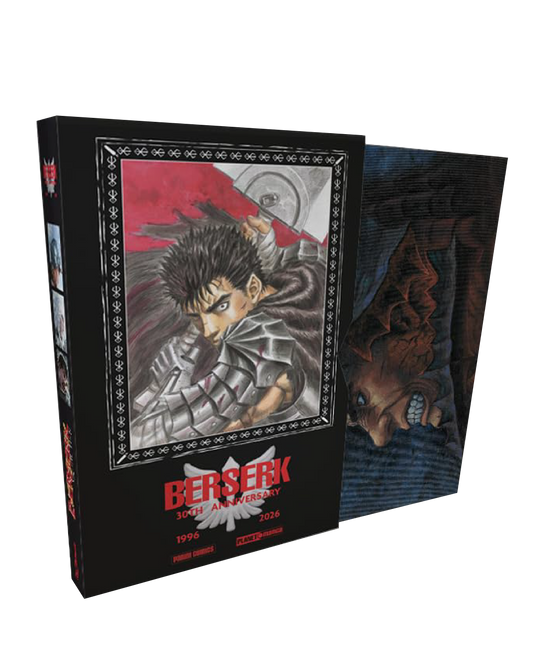 Cofanetto da collezione in italiano 'Berserk 30th Anniversary' di Kentaro Miura e Gabriele Dell'Otto, edito da Panini Planet Manga. Il box nero commemora il trentennale 1996-2026 e mostra sul fronte un'illustrazione d'autore all'interno di una cornice decorata raffigurante Gatsu con l'armatura e la sua grande spada Ammazzadraghi.