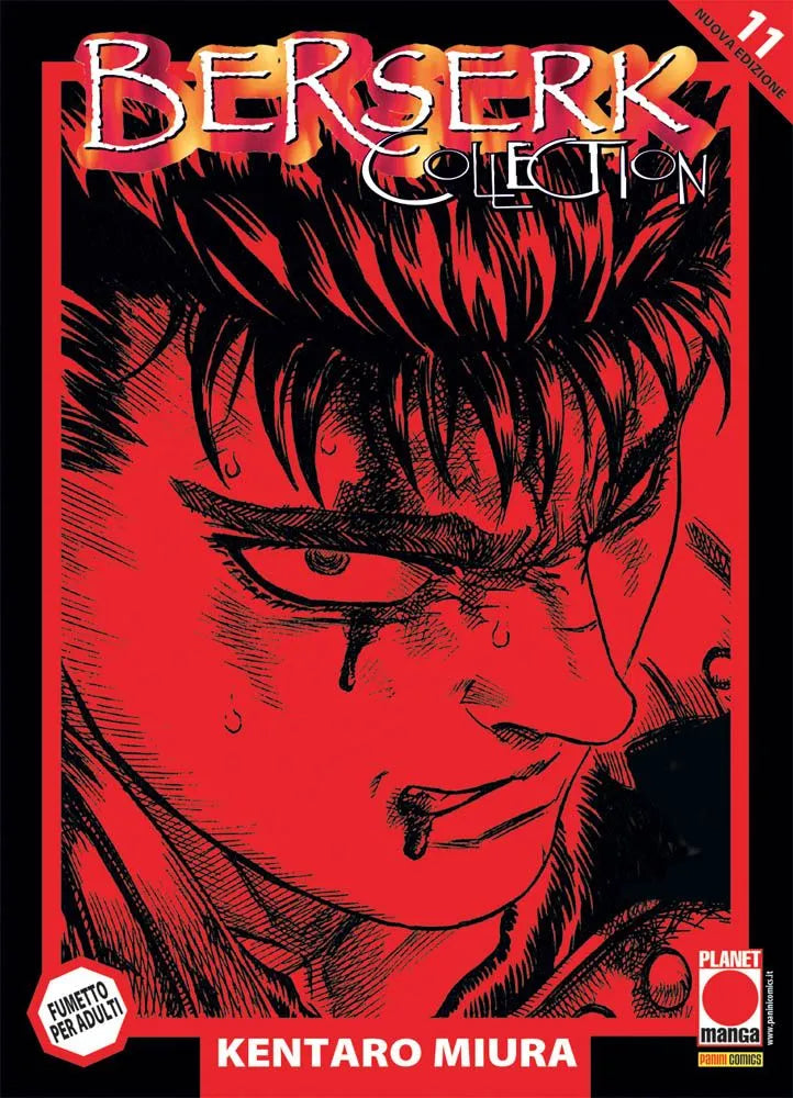 Copertina del manga Berserk Collection Serie Nera Vol. 11 edito da Panini Planet Manga. L'illustrazione, racchiusa nella classica e spessa cornice rossa della collana, presenta un potente primo piano di Gatsu virato interamente in tonalità di rosso intenso e nero. Il volto del guerriero è mostrato di tre quarti, con lo sguardo fisso e determinato, gocce di sudore o sangue che rigano la pelle e un'espressione carica di tensione. In alto campeggia il titolo "BERSERK Collection".