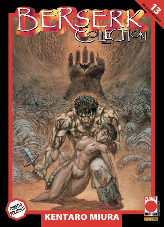 Copertina del manga Berserk Collection Serie Nera Vol. 13 edito da Panini Planet Manga. L'illustrazione, incorniciata dal classico e spesso bordo rosso, mostra una scena di estrema drammaticità: Gatsu, nudo e ricoperto di sangue, sorregge tra le braccia Casca, anch'essa nuda e ferita. Il guerriero ha un'espressione di pura rabbia e disperazione mentre impugna una spada spezzata. Sullo sfondo, una distesa di mostruosi apostoli circonda i protagonisti, sovrastati da un'immensa mano di pietra.