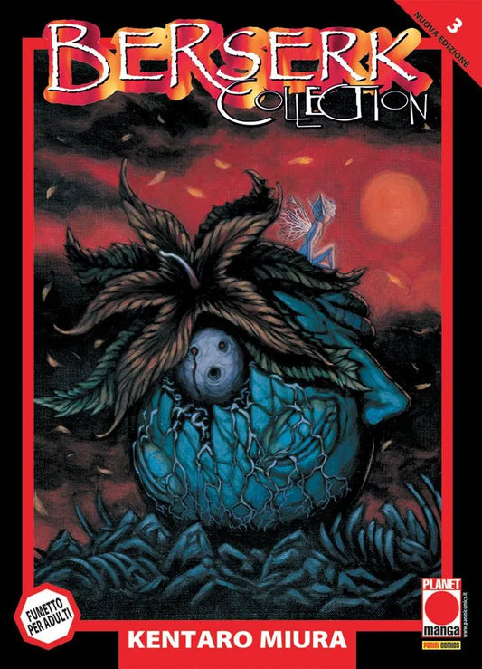 Copertina del manga Berserk Collection Serie Nera Vol. 3 edito da Panini Planet Manga. All'interno della spessa cornice rossa tipica di questa edizione, l'illustrazione dal sapore dark e onirico mostra in primo piano un inquietante Bejelit blu e verde. L'artefatto grottesco, a forma di uovo con lineamenti facciali, inizia a schiudersi mostrando profonde crepe. Sulla parte superiore dell'oggetto spuntano delle grandi foglie scure simili a un ciuffo, su cui siede pensierosa la minuscola creatura fatata Pak.