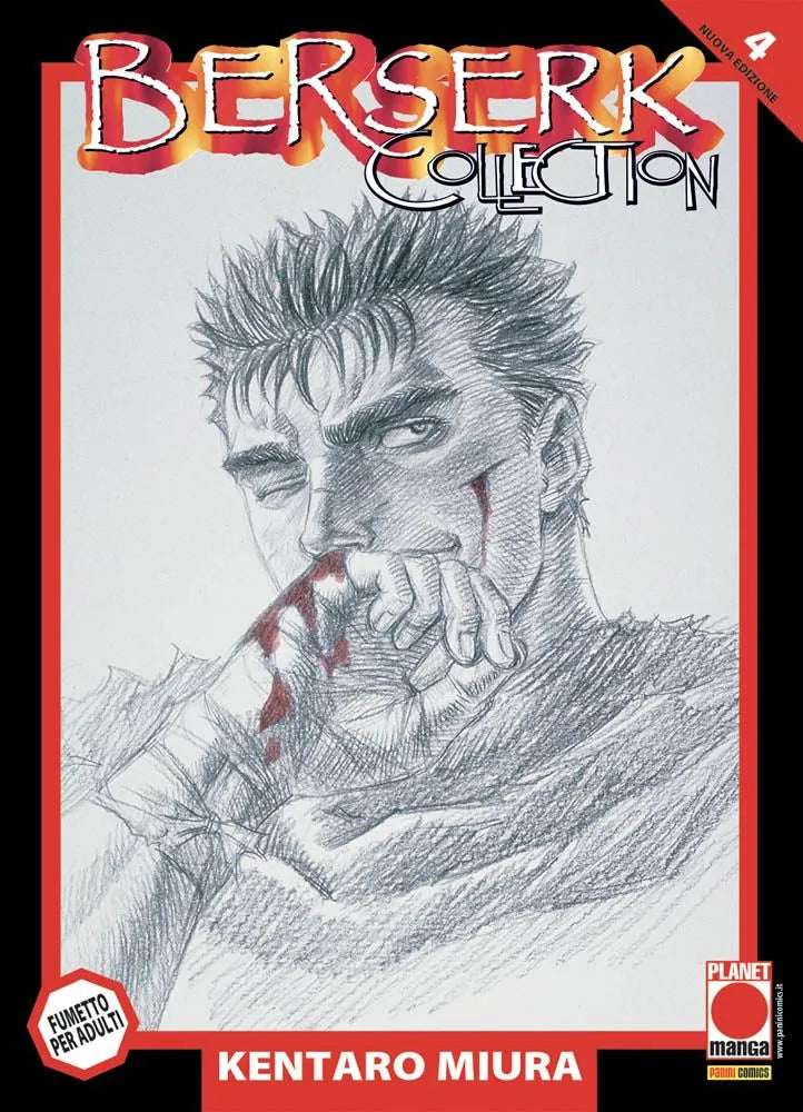 Copertina del manga Berserk Collection Serie Nera Vol. 4 edito da Panini Planet Manga. All'interno della caratteristica spessa cornice rossa, spicca una suggestiva illustrazione in stile bozzetto a matita di Gatsu in primo piano. Il guerriero, disegnato in bianco e nero con un'espressione sicura e un accenno di sorriso, si pulisce il volto col dorso della mano. L'unico elemento colorato dell'immagine è il rosso vivo del sangue presente sulla sua mano e sulla sua guancia.