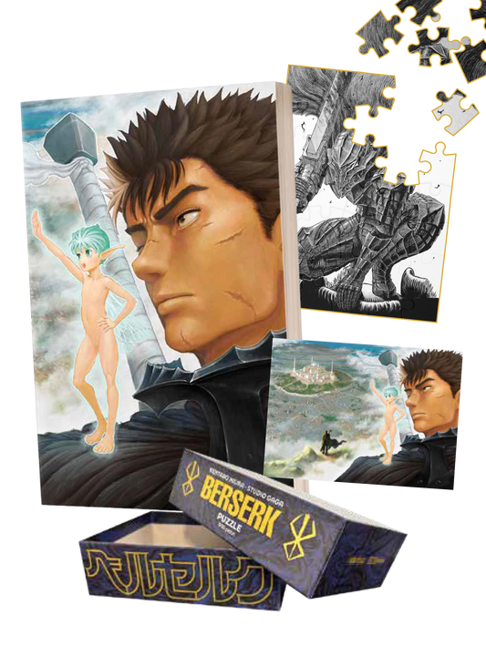 Cofanetto Limited Edition di Berserk 43. Mostra il volume con Guts e Puck, la scatola del puzzle e alcuni tasselli che compongono l'Armatura del Berserker.