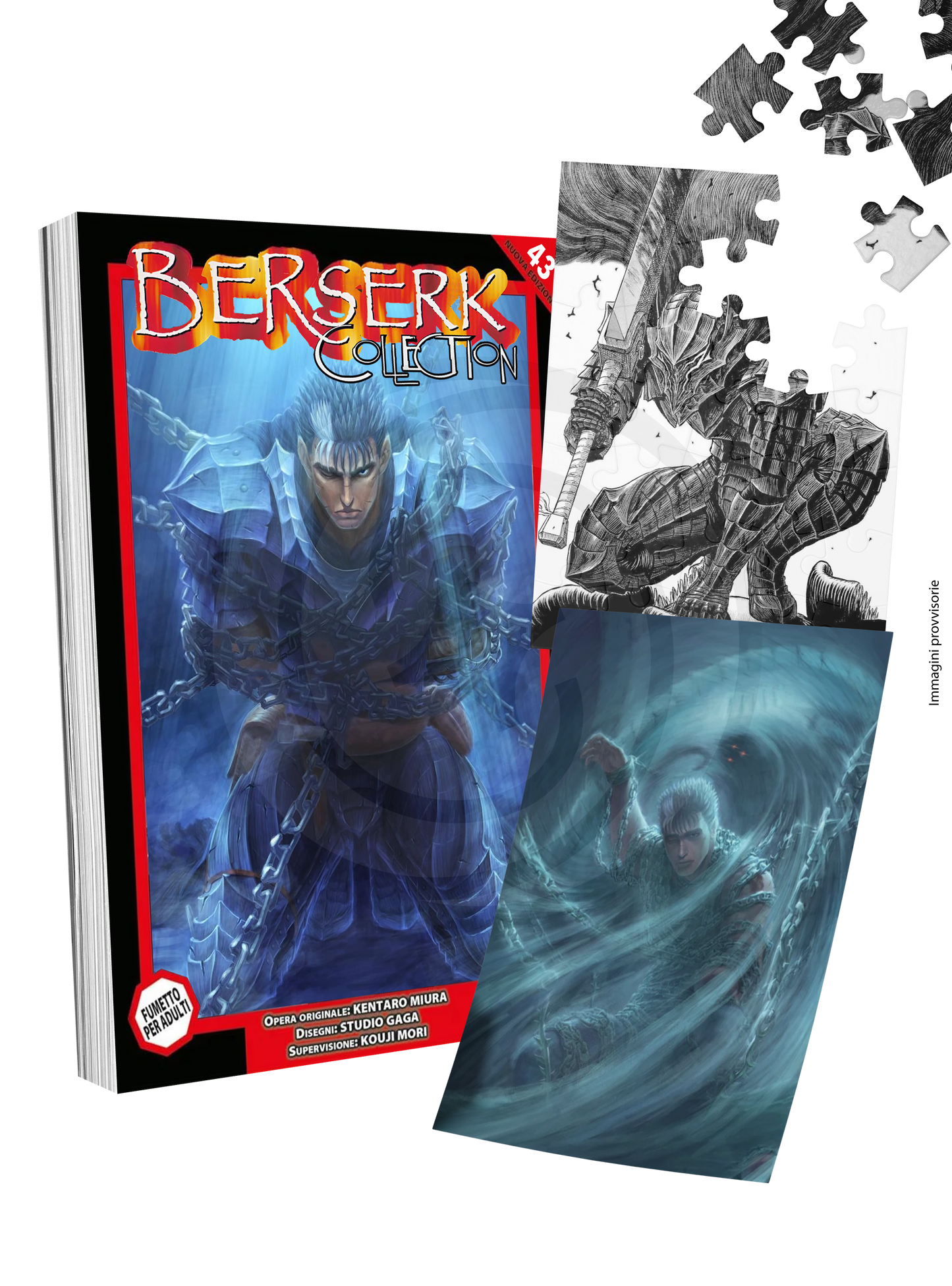 Il cofanetto Limited Edition di Berserk volume 43 serie nera, affiancato dal volume manga, dal puzzle da 500 pezzi e dal poster incluso nella confezione.