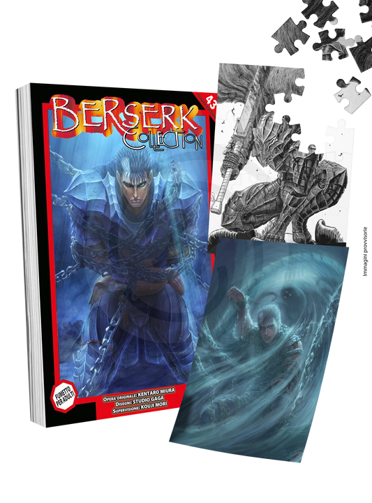 Il cofanetto Limited Edition di Berserk volume 43 serie nera, affiancato dal volume manga, dal puzzle da 500 pezzi e dal poster incluso nella confezione.