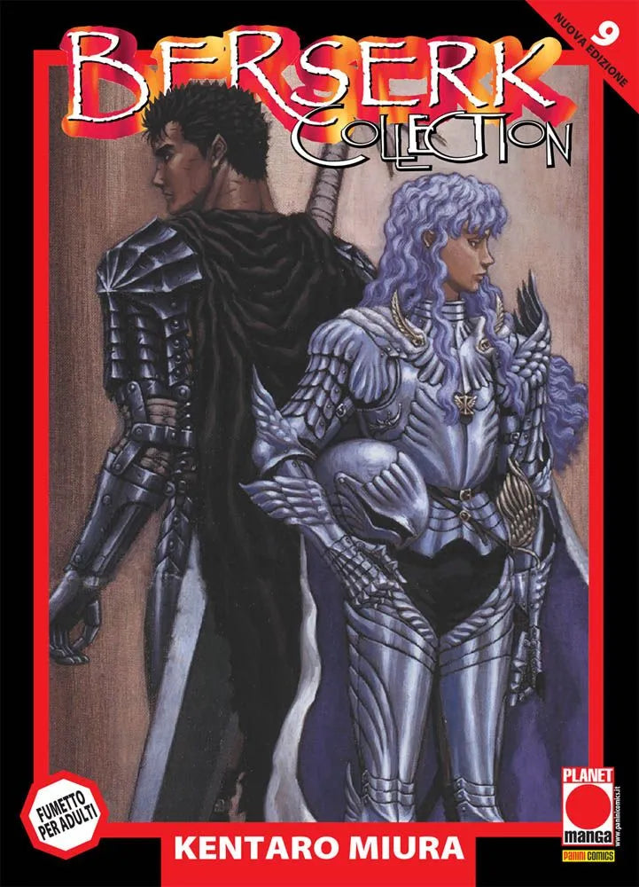 Copertina del manga Berserk Collection Serie Nera Vol. 9 edito da Panini Planet Manga. All'interno della classica cornice rossa, l'illustrazione mostra due figure leggendarie contrapposte: a sinistra Gatsu, il guerriero nero, visto di schiena con la sua massiccia armatura scura e lo spadone; a destra Grifis, con i suoi lunghi capelli lilla mossi, indossa la sua splendente armatura argentata dei Falchi e tiene il suo iconico elmo sotto il braccio. In alto campeggia il titolo "BERSERK Collection".