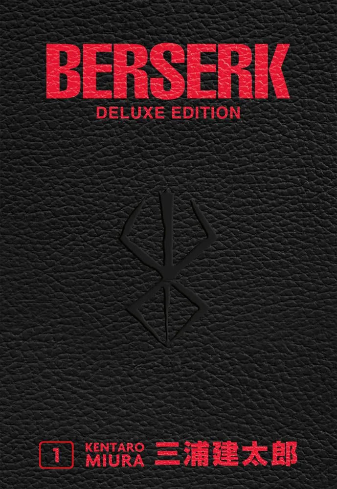 Copertina del manga Berserk Deluxe Edition Vol. 1, edizione italiana di Panini Planet Manga. Il volume presenta una copertina rigida nera con una trama che ricorda la pelle martellata (simil-pelle). In alto campeggia il titolo "BERSERK" in grandi lettere rosse, seguito dalla scritta "DELUXE EDITION". Al centro della copertina è impresso a secco il "Marchio del Sacrificio" (Brand of Sacrifice). In basso a sinistra compare il numero 1 rosso in un quadratino, seguito dal nome dell'autore "KENTARO MIURA" e dall