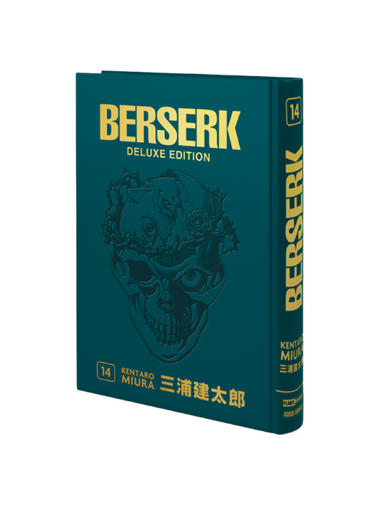 Copertina premium della Berserk Deluxe Edition Vol. 14 Instant Variant in similpelle scura con incisione del Cavaliere del Teschio e scritte in oro.