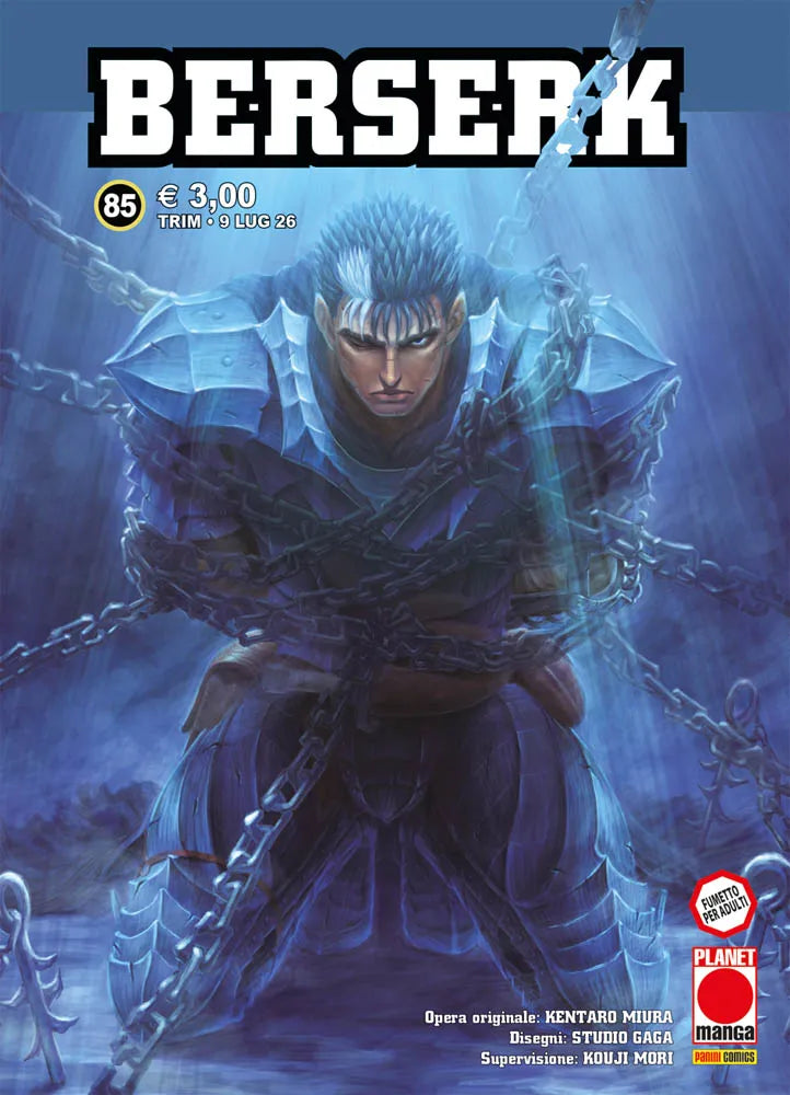 Copertina dell'ottantacinquesimo volume del manga Berserk. Gatsu, con indosso la sua scura armatura e una ciocca di capelli bianchi sulla fronte, è raffigurato inginocchiato al centro della scena, completamente avvolto e imprigionato da pesanti catene metalliche su uno sfondo dalle tonalità blu cupo.
