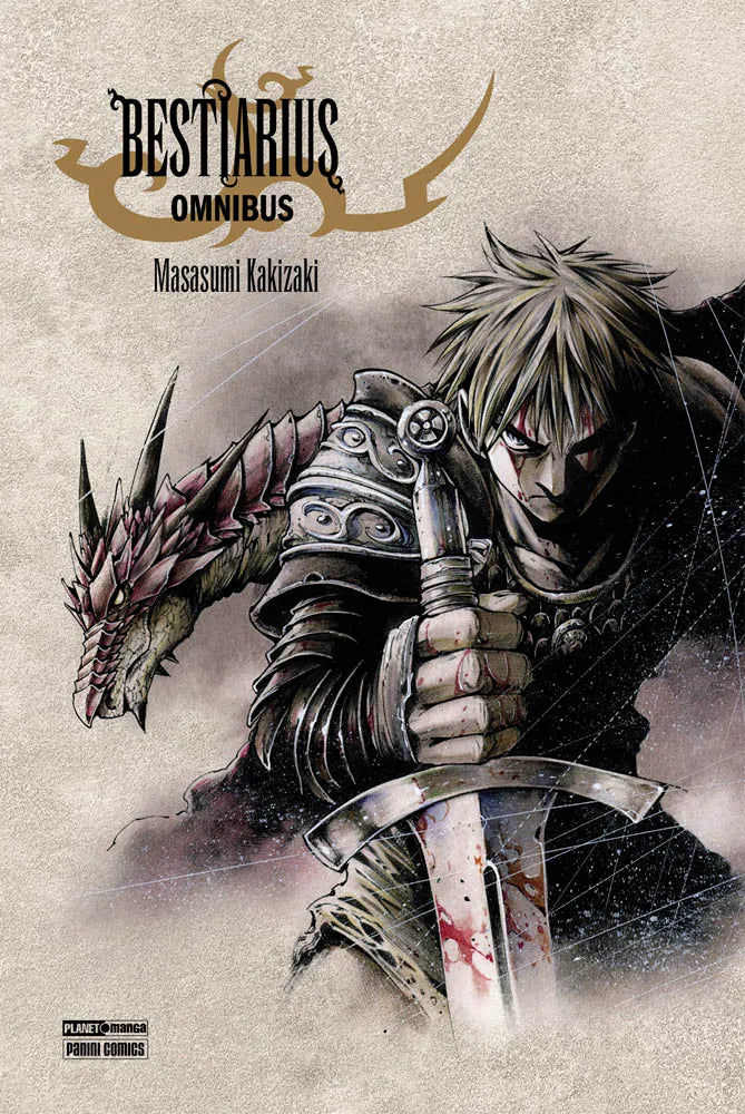Copertina di Bestiarius Omnibus. Un feroce guerriero impugna una grande spada insanguinata, alle sue spalle il muso squamoso di un drago rosso.