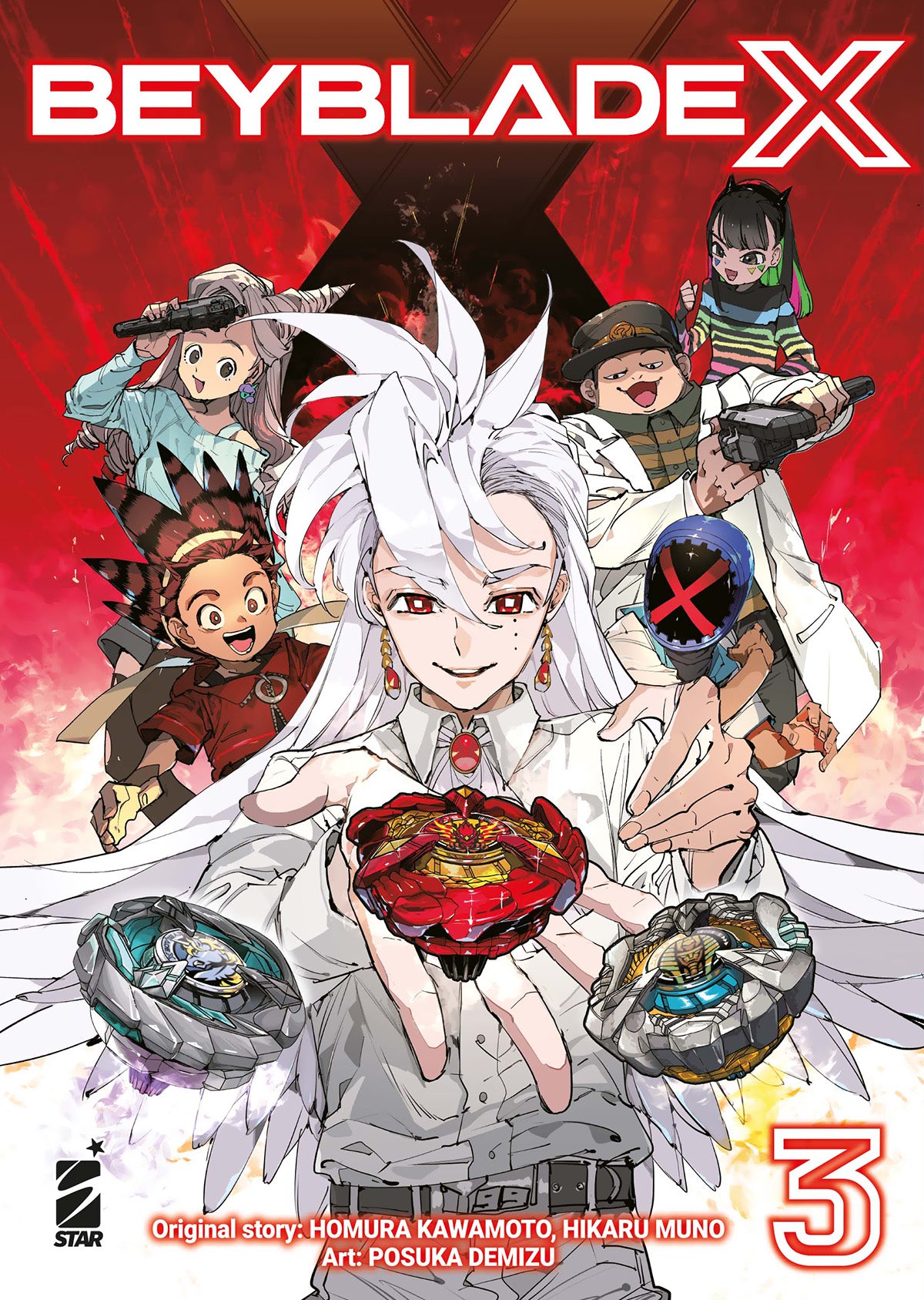 Copertina del terzo volume del manga 'Beyblade X' disegnato da Posuka Demizu, edito da Star Comics. L'illustrazione ad alto impatto visivo su sfondo rosso fiammeggiante ritrae in primo piano Blaze Fujiwara dai capelli bianchi mentre tiene in palmo di mano un Beyblade rosso e dorato, circondato dai protagonisti del team Persona tra cui Blader X e dai loro Beyblade che sfrecciano, con il titolo 'BEYBLADE X' in alto e il numero 3 in basso a destra.